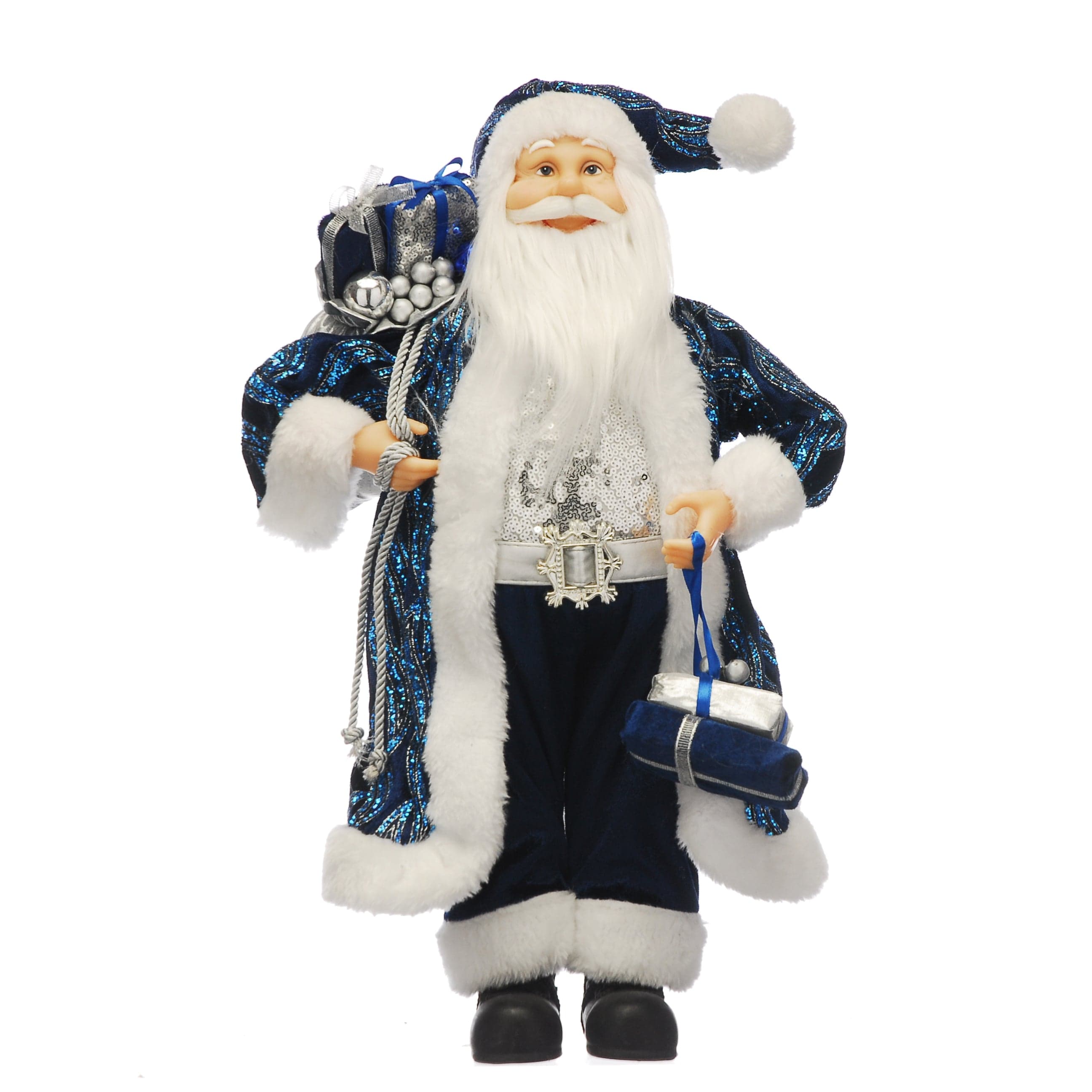 Festive Santa Figurines Festive Christmas Navy and Silver Standing Sequin Santa with Sack 45cm