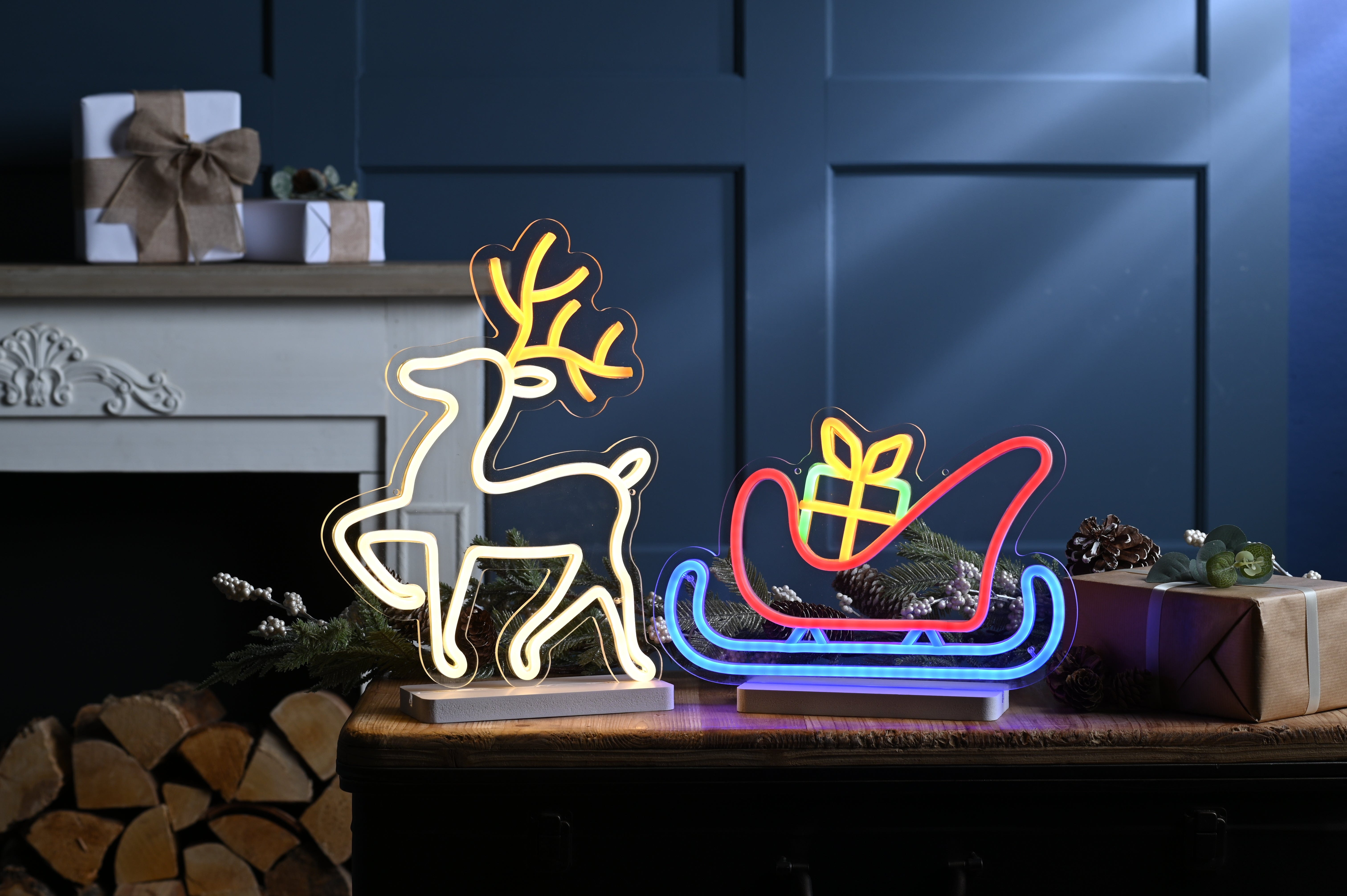 Festive LED Figurines Festive Christmas Neon Flex Reindeer and Sleigh on Base