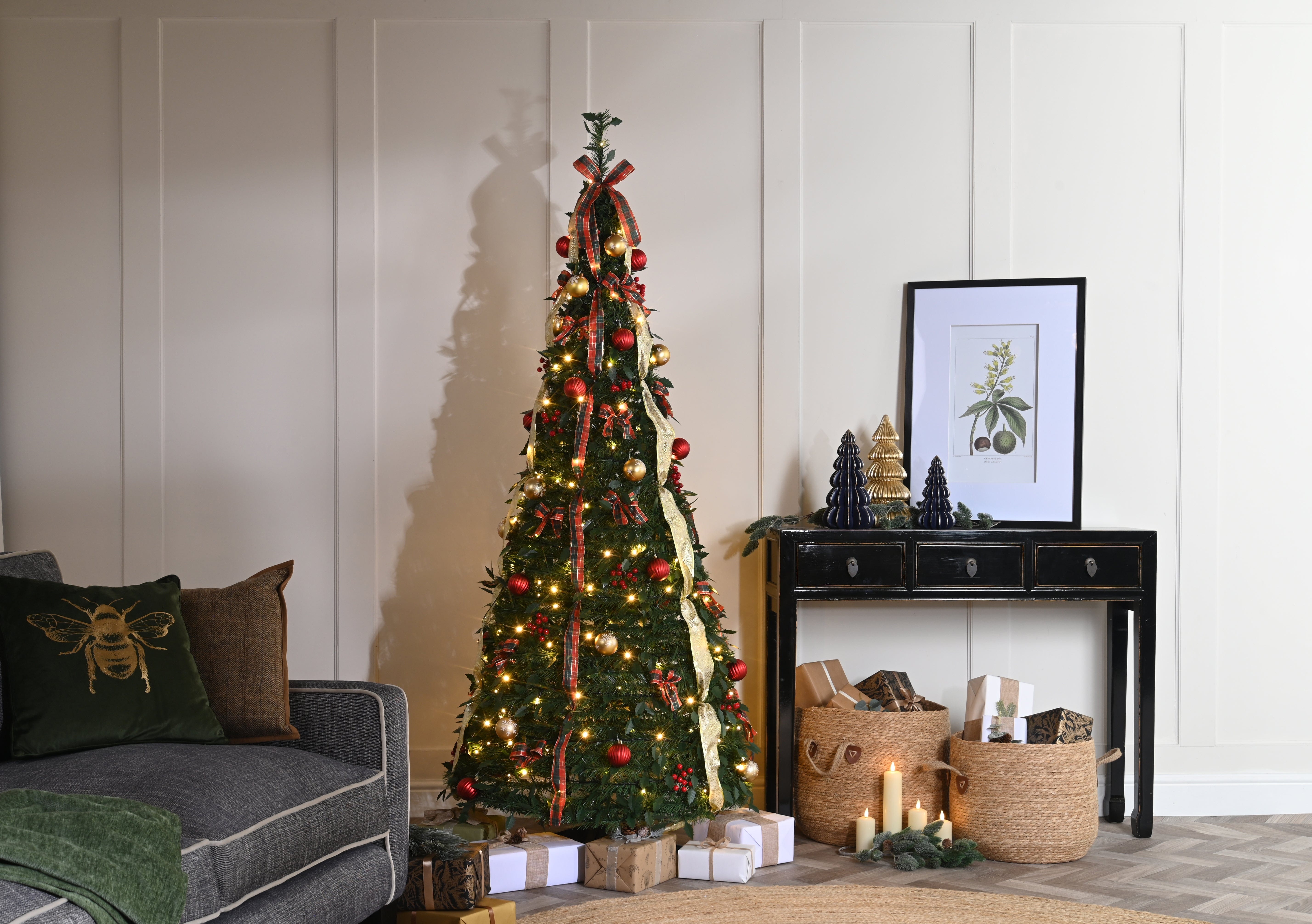 Festive Tinsel Trees Festive Christmas Pre-lit Green Red and Gold Pop up Tree 120cm