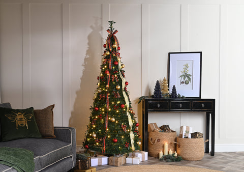 Festive Tinsel Trees Festive Christmas Pre-lit Green Red and Gold Pop up Tree 120cm