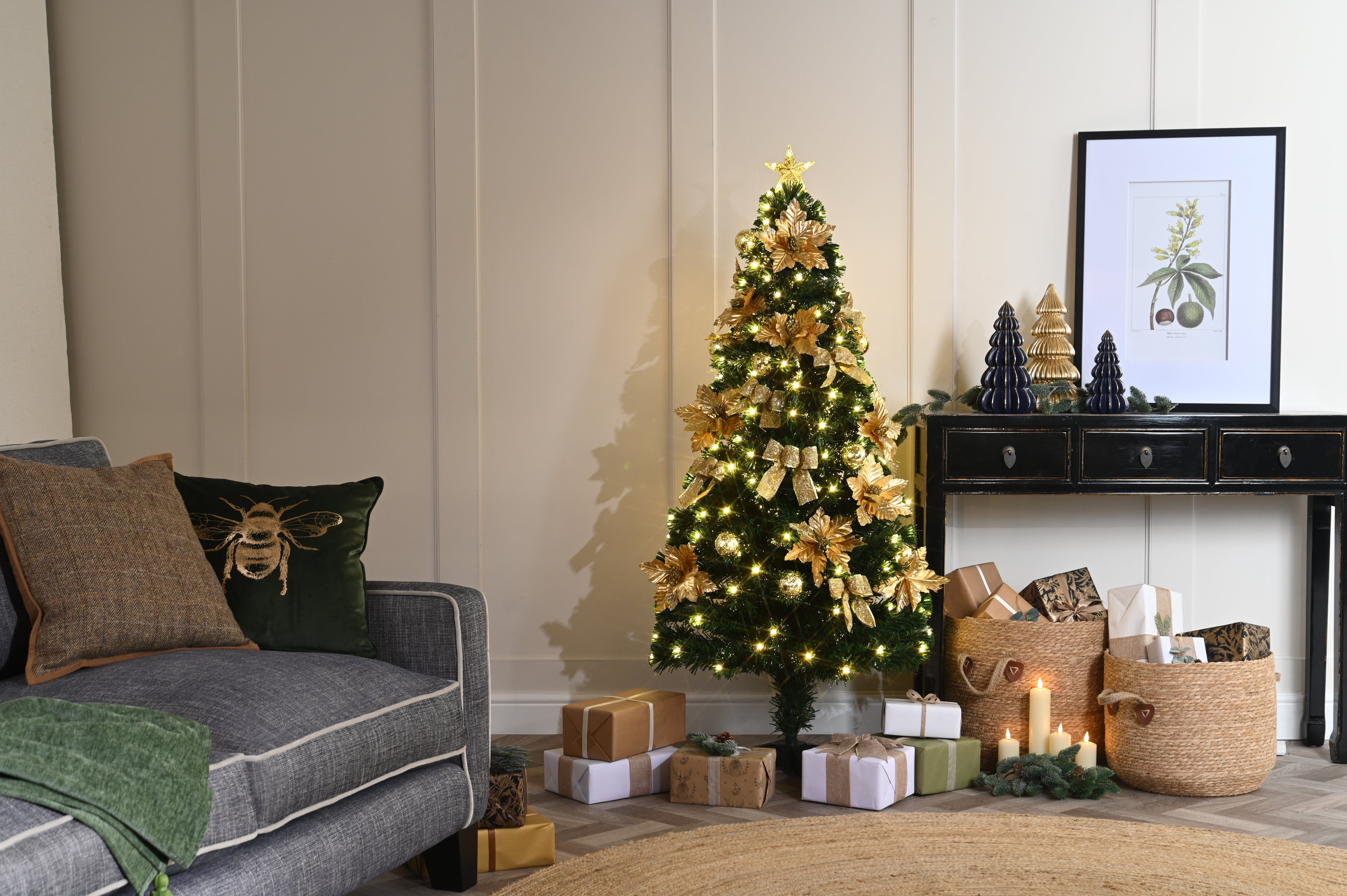 Festive Artificial Trees Festive Fibre Optic Gold Poinsettia and Bows Christmas Tree 150cm