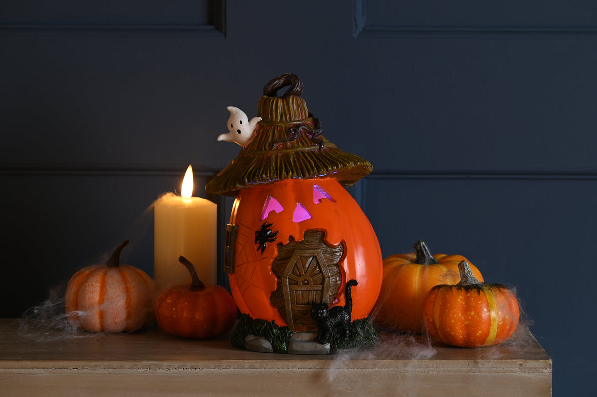 Festive Halloween Lit Decor Festive Halloween 20cm Polyresin Lit Pumpkin house***NO SKU OR SELL PRICE