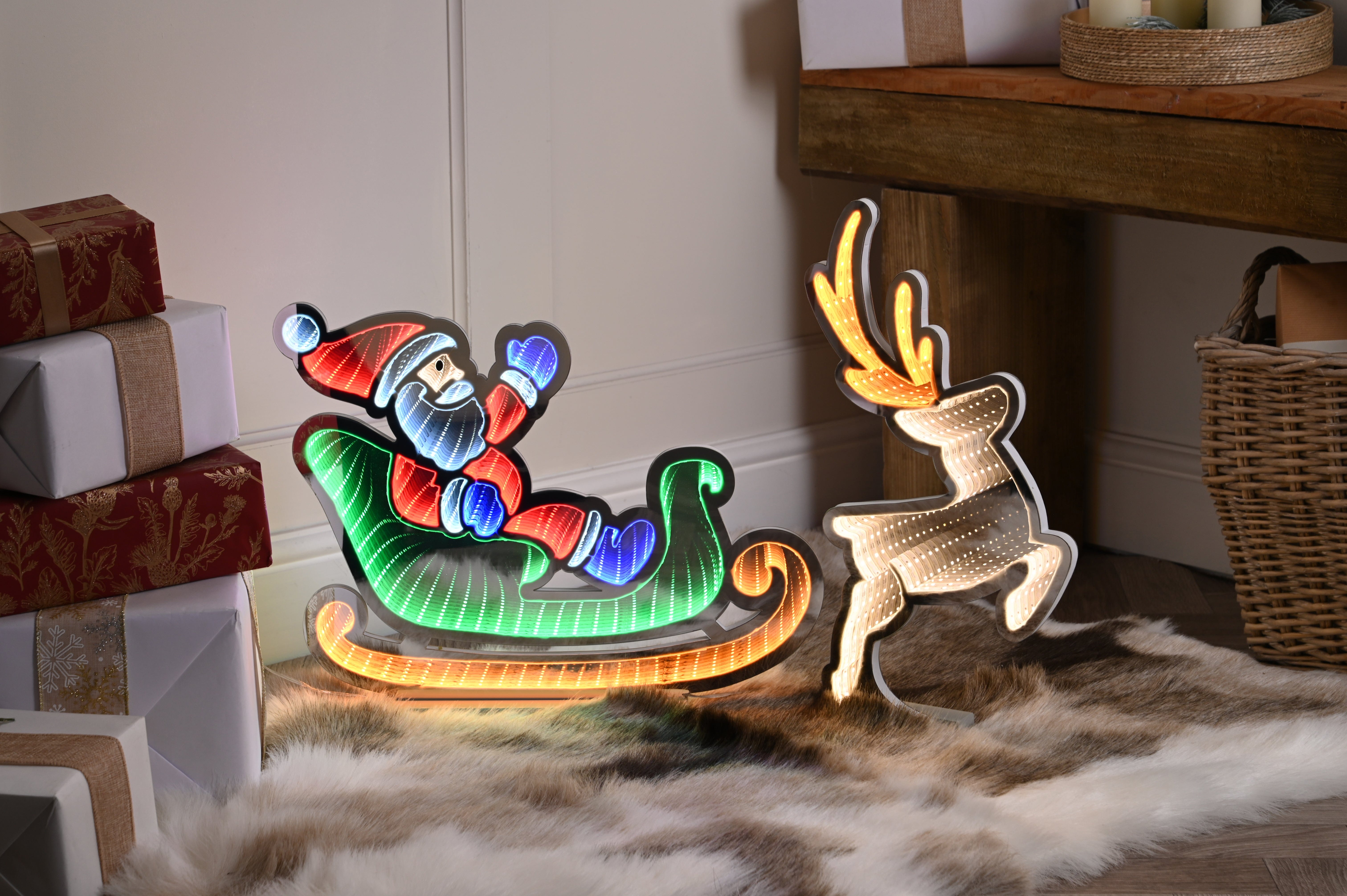 Festive Infinity Lighting Festive Lit Infinity Santa in Sleigh with Reindeer 60cm