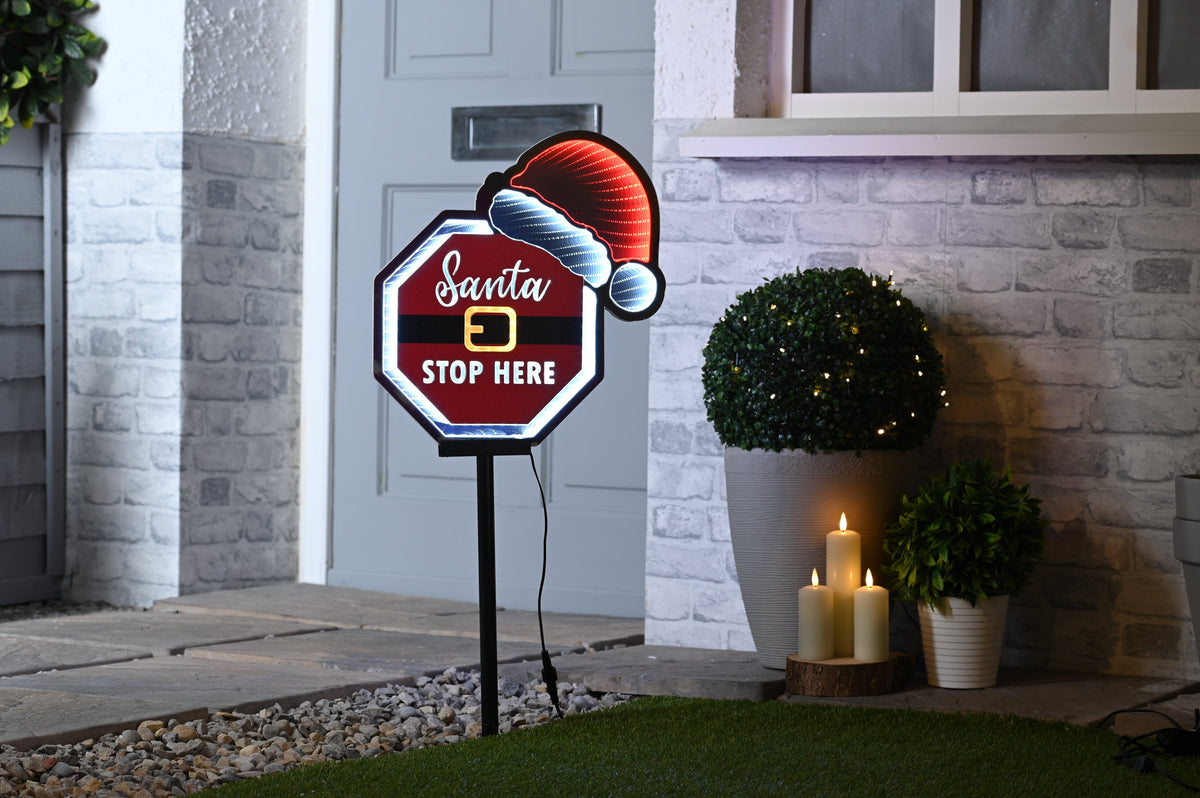 Festive Infinity Lighting Festive Lit Infinity Santa Stop Here With Hat on Stake 40cm