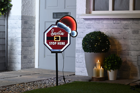 Festive Infinity Lighting Festive Lit Infinity Santa Stop Here With Hat on Stake 40cm