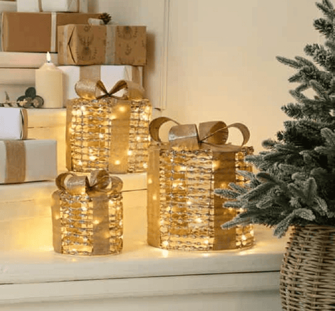 Festive Christmas Lit Decor Festive Lit Star Shimmer Parcels 3pc Gold