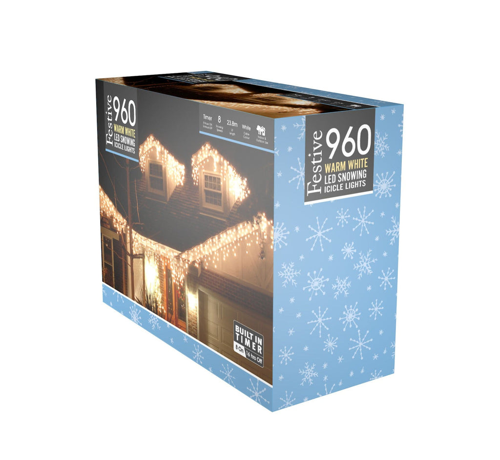 Festive String Lights Christmas Festive Snowing Icicle Lights Warm White 960L