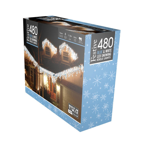 Festive String Lights Christmas Festive Snowing Icicle Lights White & Blue 480L