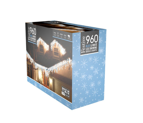 Festive String Lights Christmas Festive Snowing Icicle Lights White & Blue 960L