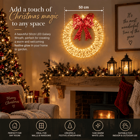 Three Kings LED Galaxy Warm White Christmas Wreath with Red Bow– 50cm