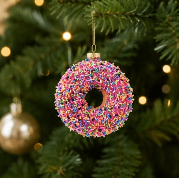 Festive Glass Hanging Christmas Decoration Hanging Red Glass Sprinkled Doughnut Decoration– 9cm