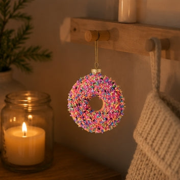 Festive Glass Hanging Christmas Decoration Hanging Red Glass Sprinkled Doughnut Decoration– 9cm