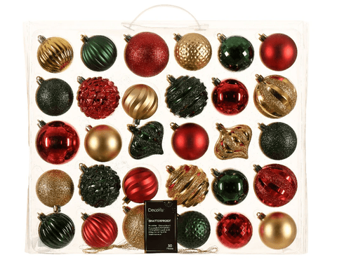 Kaemingk Baubles Kaemingk Bauble Set Shatterproof Mix Red/Gold/Green 30pc