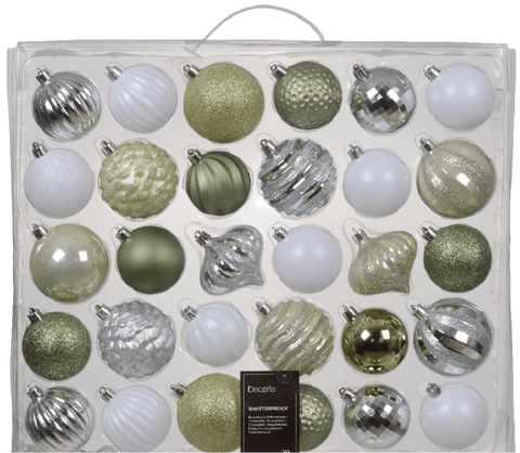 Kaemingk Baubles Kaemingk Bauble Set Shatterproof Mix White/Silver/Green 30pc