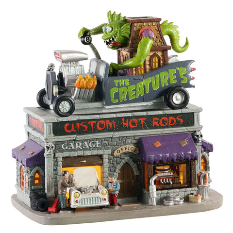 Lemax Spooky Town Lighted Buildings Lemax Spooky Town - The Creature's Custom Hot Rod Shop