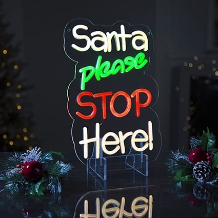 Premier Christmas Lit Neon Signs Lit 'Santa Please Stop Here' Neon Hanging Sign – 35cm