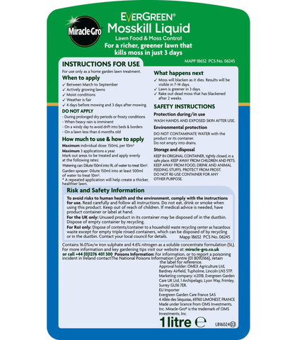 Miracle Gro Lawn Moss Remover Miracle-Gro EverGreen Mosskill Liquid 1 Litre 66sqm