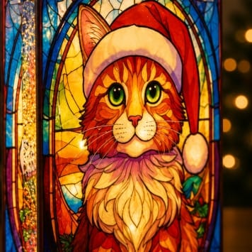 Premier Christmas stained Glass Tabletop Decor Premier B/O Lit Cat with Santa Hat Stained Glass Tabletop Decoration – 21 x 13cm