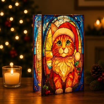 Premier Christmas stained Glass Tabletop Decor Premier B/O Lit Cat with Santa Hat Stained Glass Tabletop Decoration – 21 x 13cm