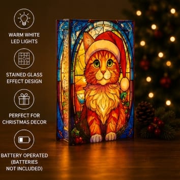 Premier Christmas stained Glass Tabletop Decor Premier B/O Lit Cat with Santa Hat Stained Glass Tabletop Decoration – 21 x 13cm