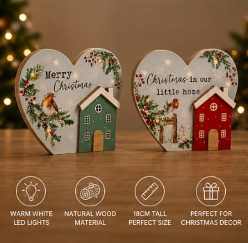 Premier Lit Christmas Plaque Premier B/O Lit Christmas House With Robin Wooden Plaque (Assorted) – 18cm