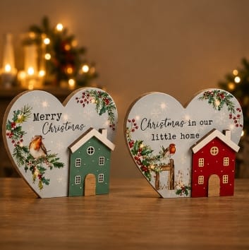 Premier Lit Christmas Plaque Premier B/O Lit Christmas House With Robin Wooden Plaque (Assorted) – 18cm