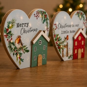 Premier Lit Christmas Plaque Premier B/O Lit Christmas House With Robin Wooden Plaque (Assorted) – 18cm