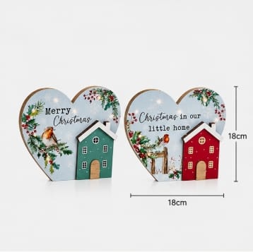 Premier Lit Christmas Plaque Premier B/O Lit Christmas House With Robin Wooden Plaque (Assorted) – 18cm