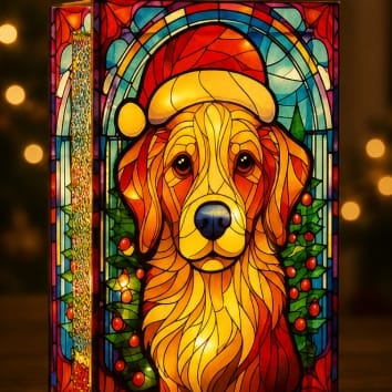 Premier Christmas stained Glass Tabletop Decor Premier B/O Lit Dog with Santa Hat Stained Glass Tabletop Decoration – 21 x 13cm