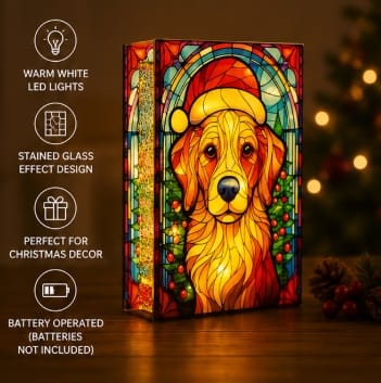 Premier Christmas stained Glass Tabletop Decor Premier B/O Lit Dog with Santa Hat Stained Glass Tabletop Decoration – 21 x 13cm