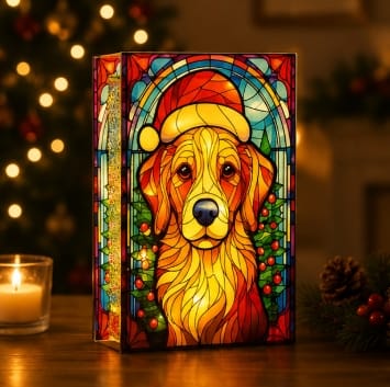 Premier Christmas stained Glass Tabletop Decor Premier B/O Lit Dog with Santa Hat Stained Glass Tabletop Decoration – 21 x 13cm