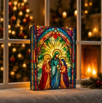 Premier Christmas stained Glass Tabletop Decor Premier B/O Lit Nativity Scene Stained Glass Tabletop Decoration – 28 x 21cm