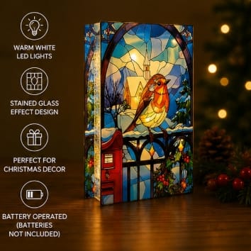Premier Christmas stained Glass Tabletop Decor Premier B/O Lit Robin on Gate Stained Glass Tabletop Decoration –21 x 13cm