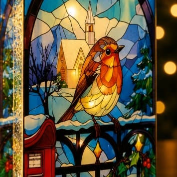 Premier Christmas stained Glass Tabletop Decor Premier B/O Lit Robin on Gate Stained Glass Tabletop Decoration –21 x 13cm
