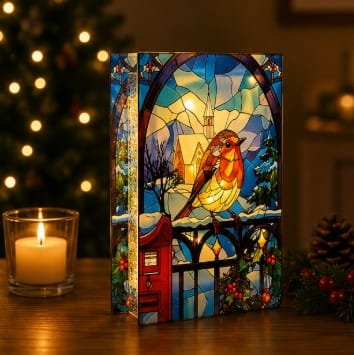 Premier Christmas stained Glass Tabletop Decor Premier B/O Lit Robin on Gate Stained Glass Tabletop Decoration –21 x 13cm