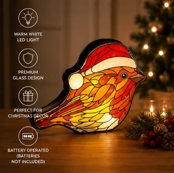 Premier Christmas stained Glass Tabletop Decor Premier B/O Lit Robin Stained Glass Sculpture – 22 x 30cm