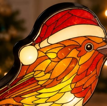 Premier Christmas stained Glass Tabletop Decor Premier B/O Lit Robin Stained Glass Sculpture – 22 x 30cm