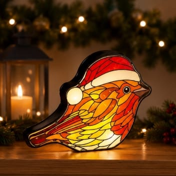Premier Christmas stained Glass Tabletop Decor Premier B/O Lit Robin Stained Glass Sculpture – 22 x 30cm