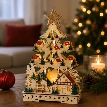 Premier Wooden Models & Scenes Premier Battery Operated Christmas Tree Village Scene – 36cm