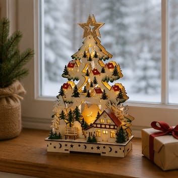 Premier Wooden Models & Scenes Premier Battery Operated Christmas Tree Village Scene – 36cm