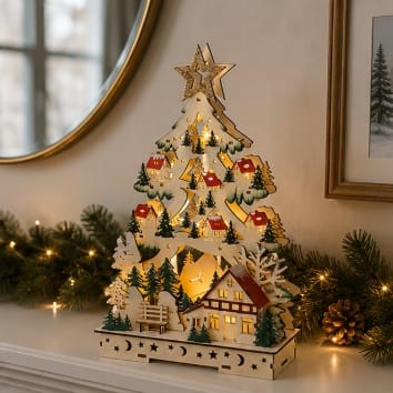 Premier Wooden Models & Scenes Premier Battery Operated Christmas Tree Village Scene – 36cm