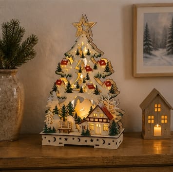 Premier Wooden Models & Scenes Premier Battery Operated Christmas Tree Village Scene – 36cm