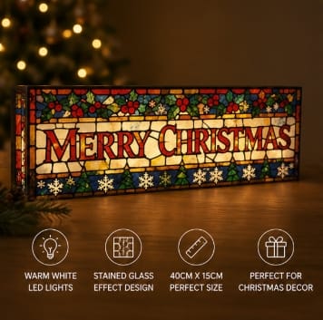 Premier Christmas stained Glass Tabletop Decor Premier Battery Operated Lit Merry Christmas Stained Glass Tabletop Decoration – 40 x 15cm