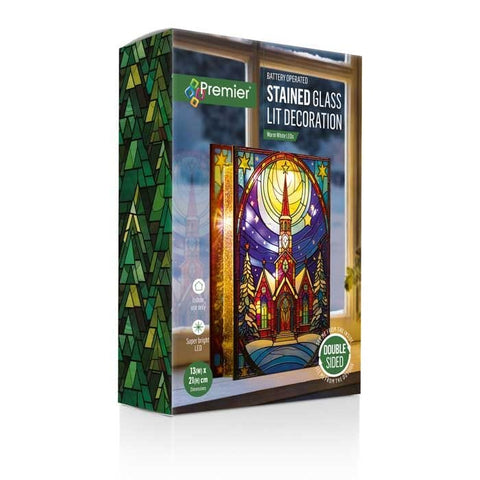 Premier Stained Glass Table Top Lights Premier Christmas 21 x 13cm B/O Lit Church with Star Stained Glass Table Top Light