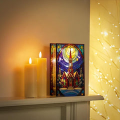 Premier Stained Glass Table Top Lights Premier Christmas 21 x 13cm B/O Lit Church with Star Stained Glass Table Top Light