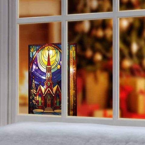 Premier Stained Glass Table Top Lights Premier Christmas 21 x 13cm B/O Lit Church with Star Stained Glass Table Top Light