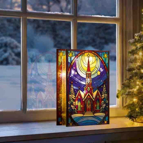 Premier Stained Glass Table Top Lights Premier Christmas 21 x 13cm B/O Lit Church with Star Stained Glass Table Top Light