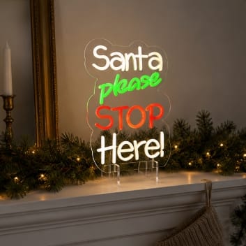 Premier Christmas Lit Neon Signs Premier Lit 'Santa Please Stop Here' Neon Hanging Sign – 35cm