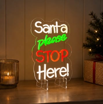 Premier Christmas Lit Neon Signs Premier Lit 'Santa Please Stop Here' Neon Hanging Sign – 35cm