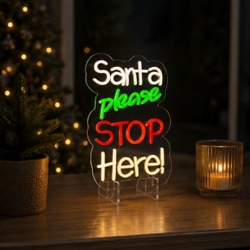 Premier Christmas Lit Neon Signs Premier Lit 'Santa Please Stop Here' Neon Hanging Sign – 35cm